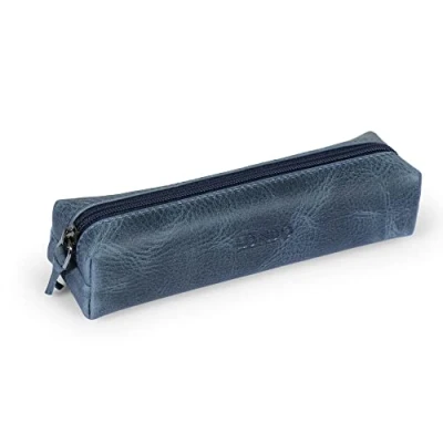 Imagen de Londo Cuero de la Genuino Estuche con cierre cremallera, Bolsa Bolígrafos (Azul)