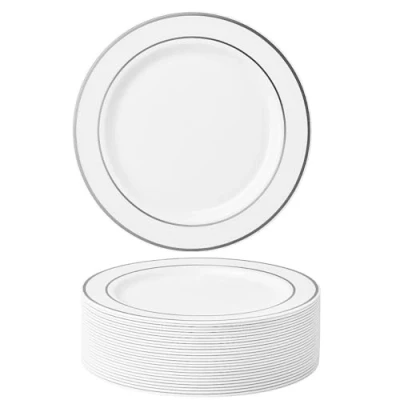 Imagen de MATANA 25 Platos de Postre Plástico Blanco Premium con Borde Plateado, 19cm Elegantes, Resistentes y Reutilizables Pequeños para Bodas, Cumpleaños, Barbacoas, Fiestas