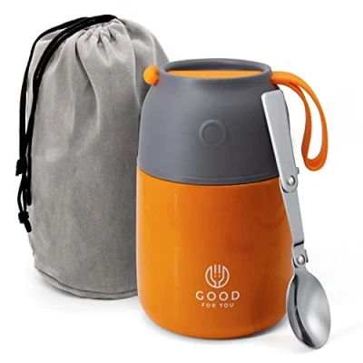 Imagen de GOOD FOR YOU Termo de 530ml Jarra térmica metal Con doble aislamiento para comida, café, agua, etc. Fiambrera bebé, niños, oficina, camping cuchara, color Naranja