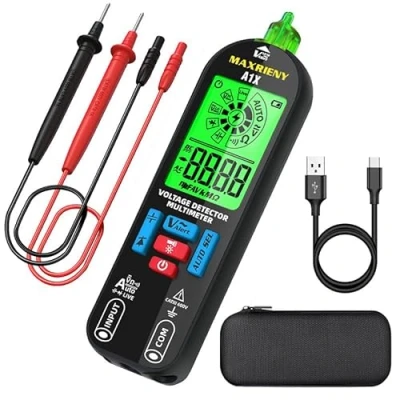 Imagen de MAXRIENY Probador eléctrico recargable NCV con alarmas audibles y visuales, mediciones de rango automático, voltaje CA/CC, capacitancia, resistencia, continuidad, diodo, comprobador