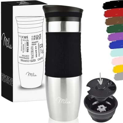 Imagen de Milu Taza aislante de café y té para llevar 370ml 450ml 100% a prueba fugas acero inoxidable beber vaso aislamiento al vacío Caliente frío (Negro, 450ml)