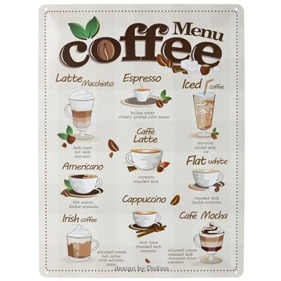 Imagen de DODINO 30 x 40 cm retro cartel de chapa Coffee Menu decoración vintage cocina cafés fans café idea regalo capucchino, latte descripción general receta bar