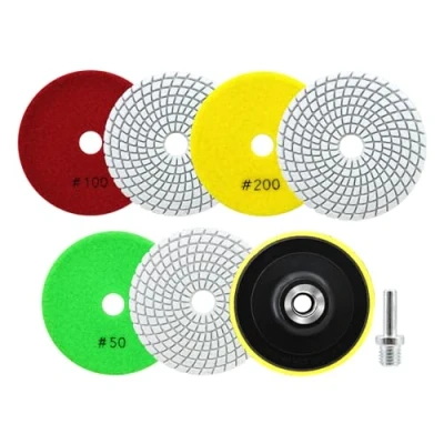 Imagen de SANLEETEK Almohadillas de Pulido Diamante 6piezas 100mm Disco Pulir Grano 50x2/100x2/200x2 con M14 Plato Apoyo+Adaptador para Granito Mármol Piedra Artificial Cuarzo