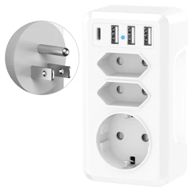 Imagen de 7 en 1 Adaptador Enchufe Europeo a Americano, USA Universal de Viaje con 3USB y USB C, Español Americano para Canadá Mexico Colombia Tailandia