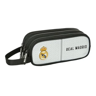 Imagen de REAL MADRID 1ª EQUIPACIÓN 24/25 Estuche Triple Cremallera, Infantil, Niño, Ideal para Niños de 5 a 14 Años, Cómodo y Versátil, Calidad Resistencia, 21x7x8.5 cm, Color Blanco/gris