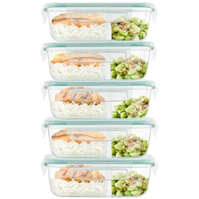 Imagen de Winter Shore Taper Cristal Comida Preparada con 2 Compartimentos y Tapa (Pack de 5) Cajas Bento Calidad Alimentaria, Sin BPA, Herméticas a Prueba Fugas, Microondas, Congelador Lavavajillas