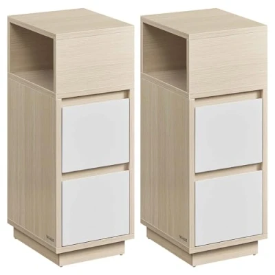 Imagen de VASAGLE Juego de 2, Mesita Noche Estrecha, Mesa Auxiliar con 2 Cajones y Compartimento Abierto, Encajable a la Izquierda o Derecha, Dormitorio, Salón, Beige Natural Blanco Nube LET856N01