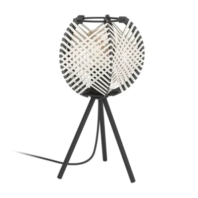 Imagen de Eglo lámpara de sobremesa Waverton, trípode metal negro y madera, tela blanca, decorativa con casquillo E27