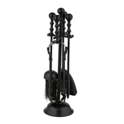 Imagen de Relaxdays Accesorios Chimenea, 5 Piezas, Juego de Estufa con Atizador, Pinzas, Escoba, Pala y Soporte, Barroco, Negro, Hierro, 41 x 11,5 cm