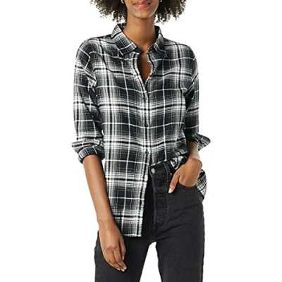 Imagen de Amazon Essentials Camiseta de Franela a Cuadros, Ligera, Manga Larga y Ajuste Clásico Mujer, Blanco Negro Cuadros Grandes, S