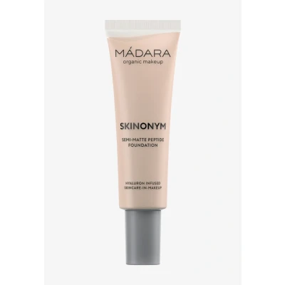 Imagen de MÁDARA SKINONYM Semi Matte Peptide Foundation, #20 IVORY, 30ml. Base natural con péptidos que apoyan el colágeno, acabado semimate, cobertura edificable, beneficios para cuidado de la piel.