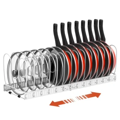 Imagen de Housolution Organizador de Ollas y Sartenes, Extensible Tapas con 14 Compartimentos Ajustable, Soporte Sartenes para Cocina, Blanco