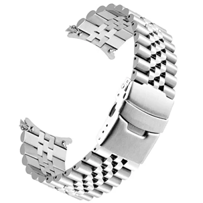 Imagen de correa de reloj acero inoxidable con extremo curvo para hombres y mujeres, 20mm, 22mm, 23mm, 24mm, repuesto tres dimensiones, hebilla despliegue, plata, Pulsera