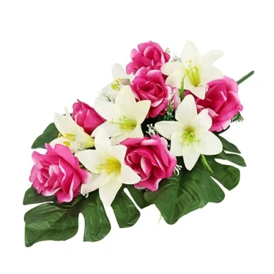 Imagen de decoración para Tumba con Rosas Artificiales y Lirios Artificiales, Tumba, Cementerio, de luto, Flores, arreglos, Mesa, Flores Seda,