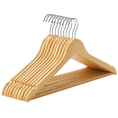 Imagen de SONGMICS Percha de Madera Maciza, Juego 10, con Ranuras para Hombros, Barra Antideslizante Pantalones, Gancho Giratorio 360, Trajes, Camisas, Abrigos, Natural y Plata CRW001 10