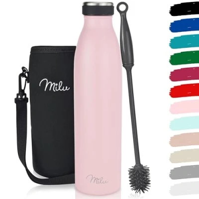 Imagen de Milu Termo Botella de Agua 500ml, 750ml, 1l Acero Inoxidable Aislamiento Vacío Doble Pared Libre BPA (Rosa, 1000ml)
