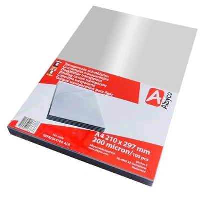 Imagen de Albyco Cubiertas transparentes brillantes, grosor 0,24 mm/240 micras, tamaño A4, 210 x 297 mm, PVC, de encuadenacion, Hojas plastico Portadas para encuadernar PVC