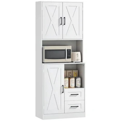 Imagen de HOMCOM Alacena de Cocina Rústico Armario Mueble Auxiliar con Puertas Compartimentos Abiertos Cajones y Estantes Ajustables Antivuelco para Comedor Salón 70x40x180 cm Blanco
