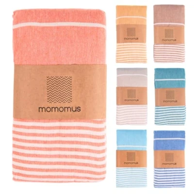 Imagen de MOMOMUS Fouta Playa XXL, con Flecos y 100% Algodón Ideal como Toalla de Grande Antiarena, Manta Picnic sin Arena, Pareo Gigante o Alfombra Piscina Salmón, 210x240 cm