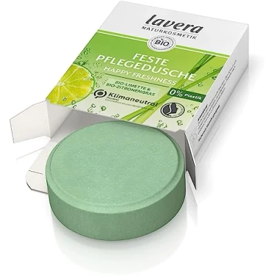 Imagen de lavera gel de ducha firme Happy Freshness con lima orgánica y hierba limón limpia la piel suavemente sin secarla 3 veces más duradero que el líquido cosmética natural