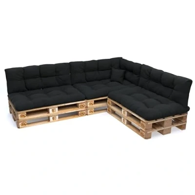 Imagen de POKAR Juego de Cojines aconchadas 8 Piezas para Europalés: 3X Asiento 120x80cm +3X Respaldo 120x40cm + 1x 60x40cm Lateral cojín Decorativo 40x40cm, sofá paletas, sin palés, Nero