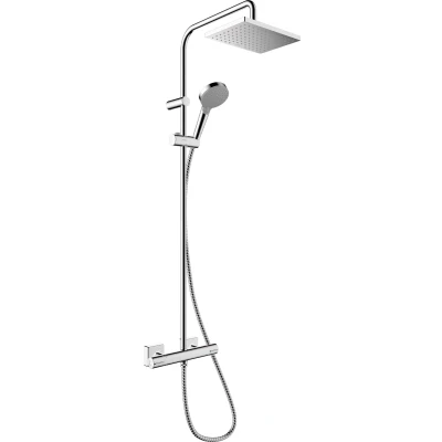Imagen de hansgrohe Vernis Shape sistema de ducha ahorro agua (EcoSmart) con termostato, lluvia (230 x 170mm), mano (2 tipos chorro), flexo, barra, fija rectangular, cromo, 26097000