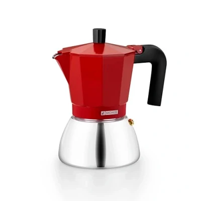 Imagen de Monix Induction Inox Cafetera Italiana de Aluminio y Acero Inoxidable, 6 tazas capacidad, Mango termorresistente, Fácil Lavar, Apta para todo tipo Cocinas incluida Inducción, color rojo