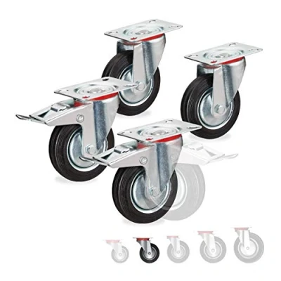 Imagen de Relaxdays Set 4 Ruedas Cargas Pesadas, Giratorias 360, Rodamiento Bolas, 2 Rueditas con Freno, máx. 280kg, 100mm, Negro