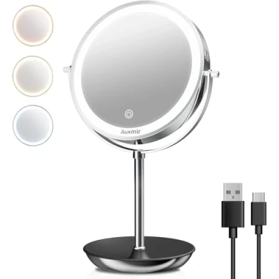 Imagen de Auxmir Espejo Maquillaje con Luz, Aumento 1X / 10X, Sobremesa Recargable USB 1800mAh, Giratorio 360, 3 Colores y Brillo Ajustable, para Baño Tocador Afeitar Depilar, Plata