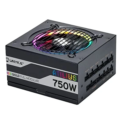 Imagen de UNYKAch Fuente de Alimentación ATX ATILIUS 750W Black Full Modular con Iluminación RGB, Eficiencia del 90%, Ventilador 120 mm Ultrasilencioso y Protección contra Sobrecorriente