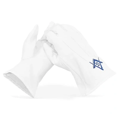 Imagen de THE MASONIC COLLECTION Guantes de cuero blanco, con diseño cuadrado azul real y brújula, logotipo masónico G, un accesorio regalo perfecto para hombres masones, L
