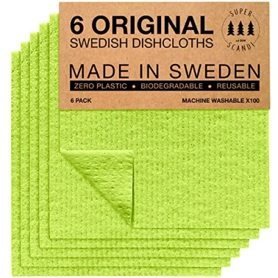Imagen de SUPERSCANDI Bayeta Sueca Super Absorbente, Reutilizable Y Ecologica Paños De Cocina Biodegradables Celulosa Algodón Trapo Cocina, Limpieza Pack x6, Verde