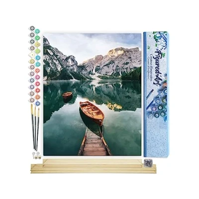 Imagen de Figured&#039;Art Pintar por Numeros Adultos Barco y lago de montaña Manualidades pintura acrilica Kit Cuadro DIY completo 40x50cm monta tu propio bastidor