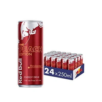 Imagen de Red Bull Energy Drink Bebida desechable (melocotón edición melocotón, incluye 6,00 depósitos, 24 x 250 ml), 80,0 miligramos
