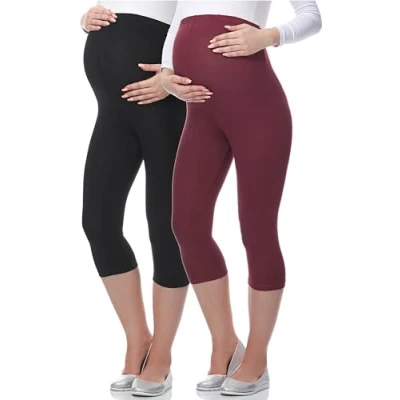 Imagen de Be Mammy Premamá Lote de 2 Leggins 3/4 Mallas Pirata Embarazo Lactancia Maternity Leggings Capri 03 (Negro/Rojo Oscuro, XL)
