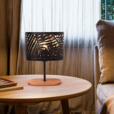 Imagen de OuXean Lámpara de mesa pequeña noche, luz noche E14 con base madera y pantalla metal para barra sala estar dormitorio, negro (sin bombillas)