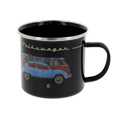 Imagen de BRISA VW Collection Volkswagen Taza grande de esmalte para cafété o cappuccino T1 Bus camping (500 ml/Samba y Beetle/Negro)