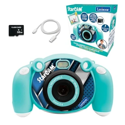 Imagen de Lexibook, StarCAM, cámara Digital Infantil 4 en 1 con Funciones de Foto, vídeo, Audio y Juego, Tarjeta SD 32 GB incluida, Azul, DJ080