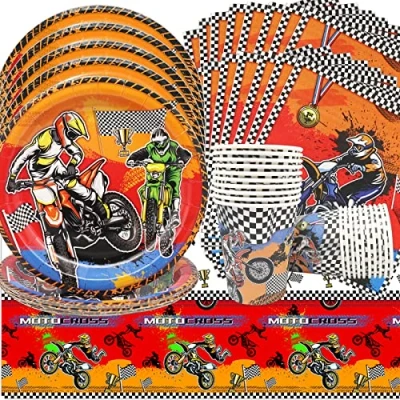 Imagen de Doyomtoy Vajilla para Fiestas de Motos, 61 Piezas Decoración Fiesta Cumpleaños Motocross, Plato, Taza, Servilleta y Mantel, 20 Personas