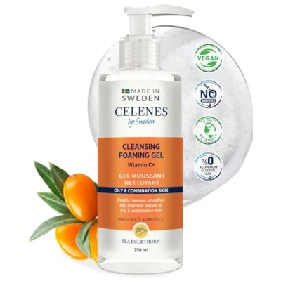 Imagen de Celenes by Sweden Espuma Limpiadora Facial con Espino Amarillo y Vitamina C+ Lavado de Limpieza Profunda para Piel Grasa Mixta 250ml, Libre Parabenos Alcohol, Vegano