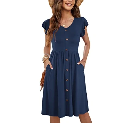 Imagen de MOLERANI Ropa De Verano Femenina Manga Lateral Volantes Cuello V Balanceo Casual Cintura Elástica Bolsillo Vestido Midi Marina S