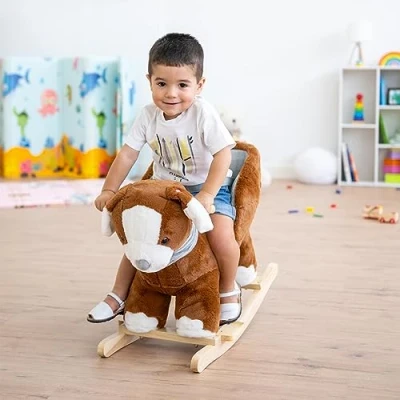 Imagen de ATAA Caballito balancín para bebé en Forma de Perrito, Caballo Mecedora Suave con música, manillas, reposapies y cinturón(Perrito)
