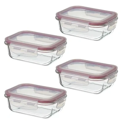 Imagen de LOLAhome Set de 4 fiambreras cristal con tapa hermética 370 ml. Juego recipientes herméticos vidrio borosilicato transparente apto para microondas, horno hasta 400ºC y congelador.