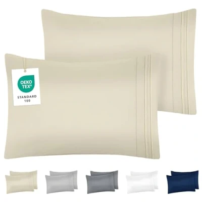 Imagen de Dreamzie Fundas de Almohada (Juego 2) Almohadas 40x70 cm, Beige, Microfibra con Motivo Bordado Cojines Oeko Tex Suaves y Calidad