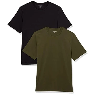 Imagen de Amazon Essentials Camiseta de Cuello Redondo Algodón, Manga Corta, Corte Clásico Hombre, Pack 2, Negro/Verde Oliva, XL