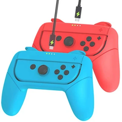 Imagen de Paquete de 2 agarres alegría compatibles con Nintendo Switch Joy Cons para mango juego extra confort función carga (1 rojo y 1 azul)
