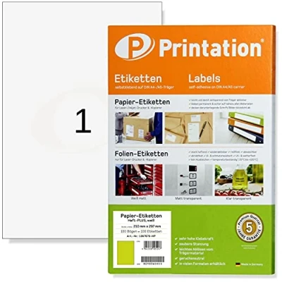 Imagen de Printation 210 x 297 mm Power Labels Haft PLUS adhesivo fuerte, autoadhesivo imprimible 100 hojas DIN A4 210x297 1x1 etiquetas adhesivas universales papel blanco sticker/pegatinas 3478 6119 4631