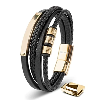 Imagen de SERASAR Pulsera Cuero Hombre Oro Dorado 23cm Chico Pulseras Hombres Brazalete Brazaletes Pulso Muñequera Muñequeras Bisuteria Bisutería Joyeria Nudos Cuerda Cuerdas Bracelet Men Jewellery Unisex
