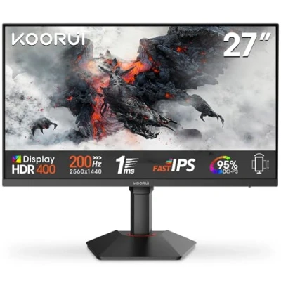 Imagen de KOORUI G2722P Gaming Monitor QHD 27 Pulgadas, 200Hz, 1440P, IPS, 1ms, 10Bit, 95% DCI P3, HDR400, DP 1.4, 2xHDMI 2.0, Adaptive Sync, Giratorio, Inclinación, Altura Ajustable, Eye Care, VESA 75x75 mm