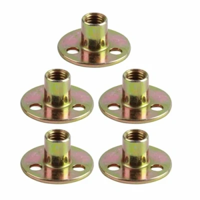 Imagen de 5 piezas de tuercas brida, M6 M8 M10 hierro galvanizado, superficie lisa, tuerca en T, 3 orificios, base redonda T galvanizado para fijar muebles conexión(M10)